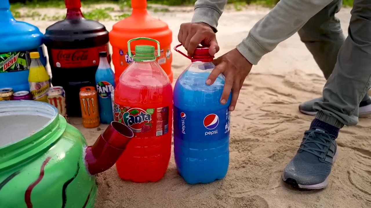 EXPERIMENT: Big Toothpaste Eruption from Giant Coca-Cola Rocket, Mtn Dew, Fanta, Cola and Mentos