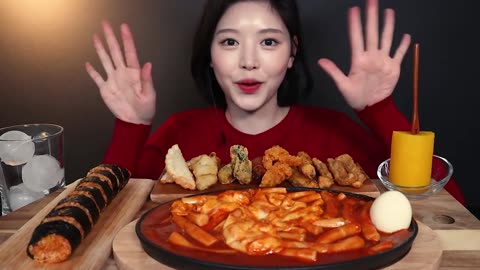 cheese tteokbokki gimbap mukbang ASMR신전떡볶이 먹방 _ 치즈떡볶이 김말이 오징어튀김 닭껍질튀김 신전치즈김밥까지 리얼사운드