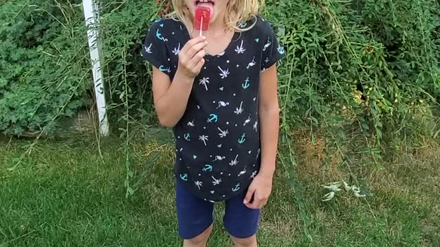 Little girl eats a cricket lollypop