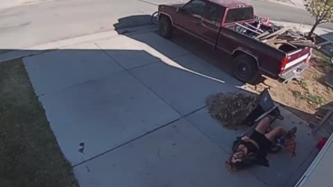 Girl Falls Tripping Over Bike and Tips Over Wheelbarrow