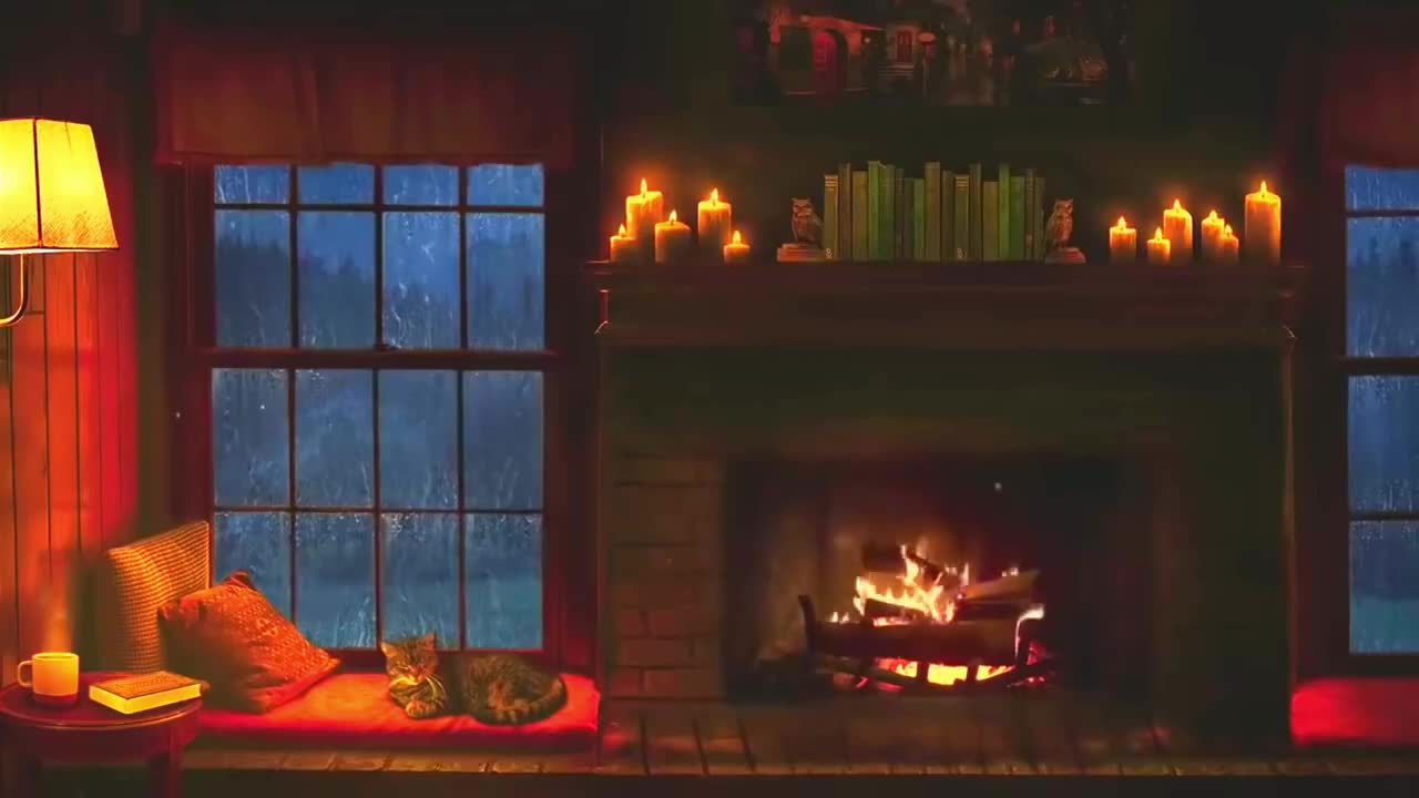 The sound of a fireplace fire and rain outside the window.