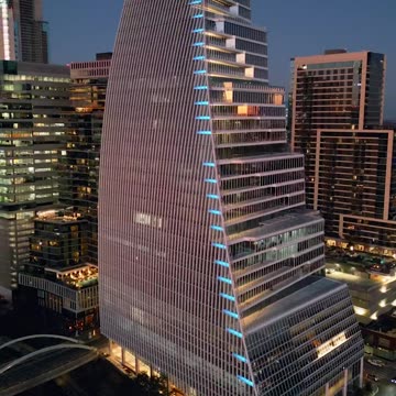 Modern building in an aerial shot at dusk