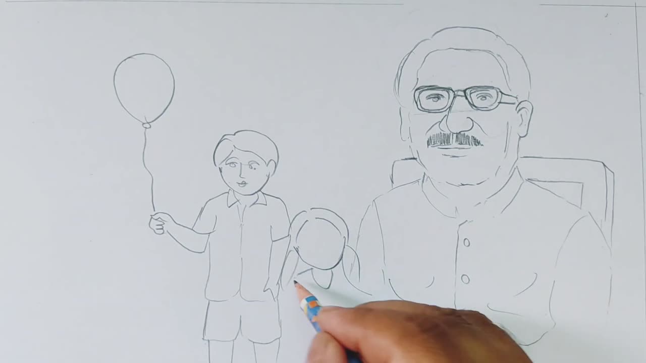 Easy shishu dibosher scenery drawing. ১৭ই মার্চ শিশু দিবস উপলক্ষে বঙ্গবন্ধুর ছবি আকাঁ শিখুন