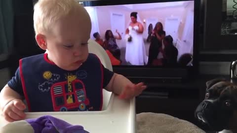 Baby's mind is completely blown after handing dog a cookie