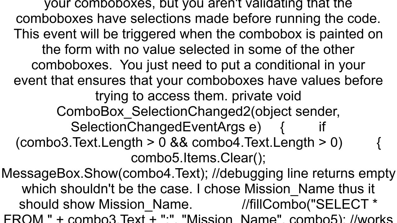 ComboBox selection returning IndexOutofBounds Error