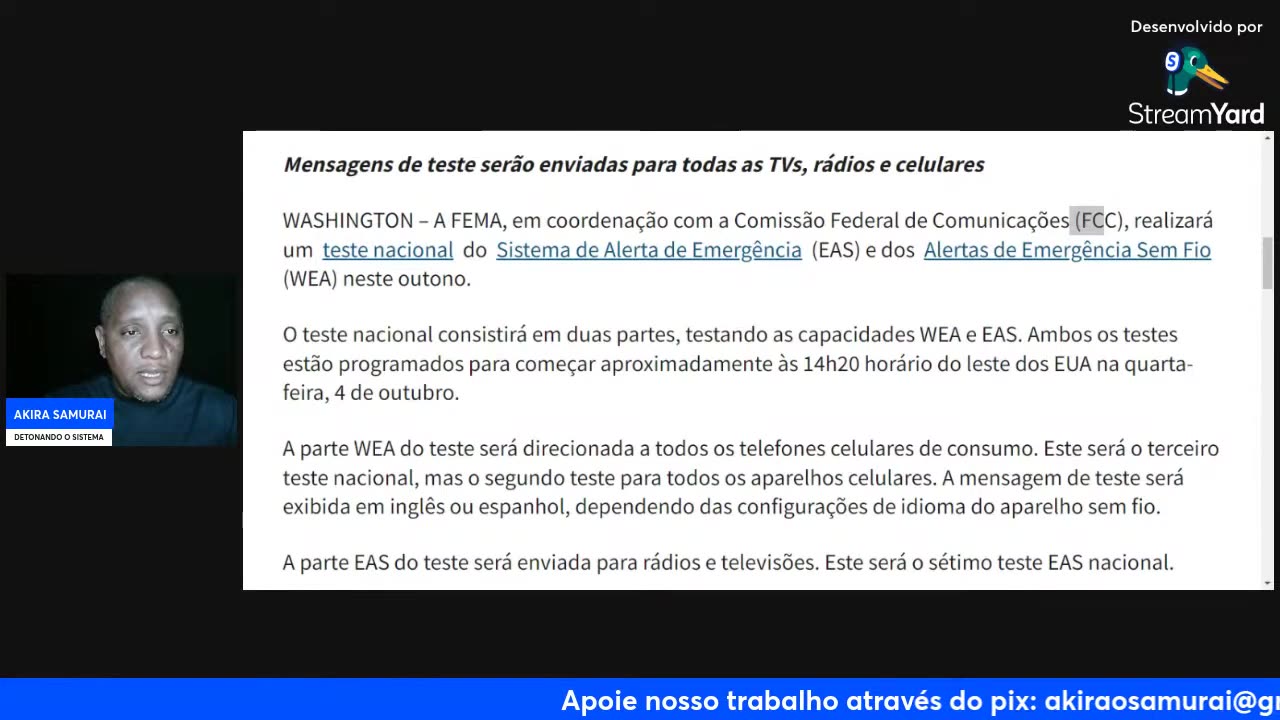 REGISTROS SAMURAI - ZwBfTgKzwdg - FEMA e FCC planejam teste de alerta de emergência em todo o país