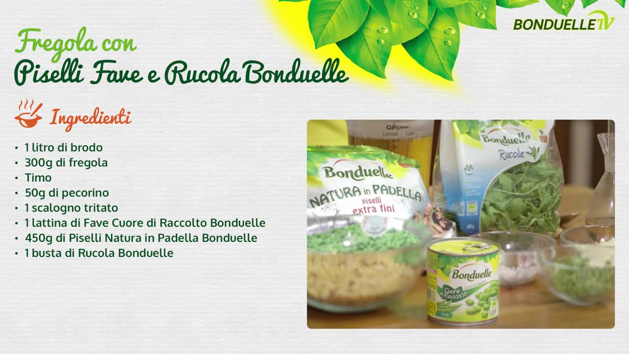 Fregola (sarda) calda con piselli, fave e pecorino con decorazione di rucola - Bonduelle TV