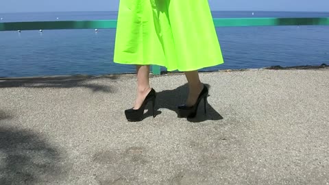 Sexy Girl Walking in 6inch Louboutin High Heels by the Ocean