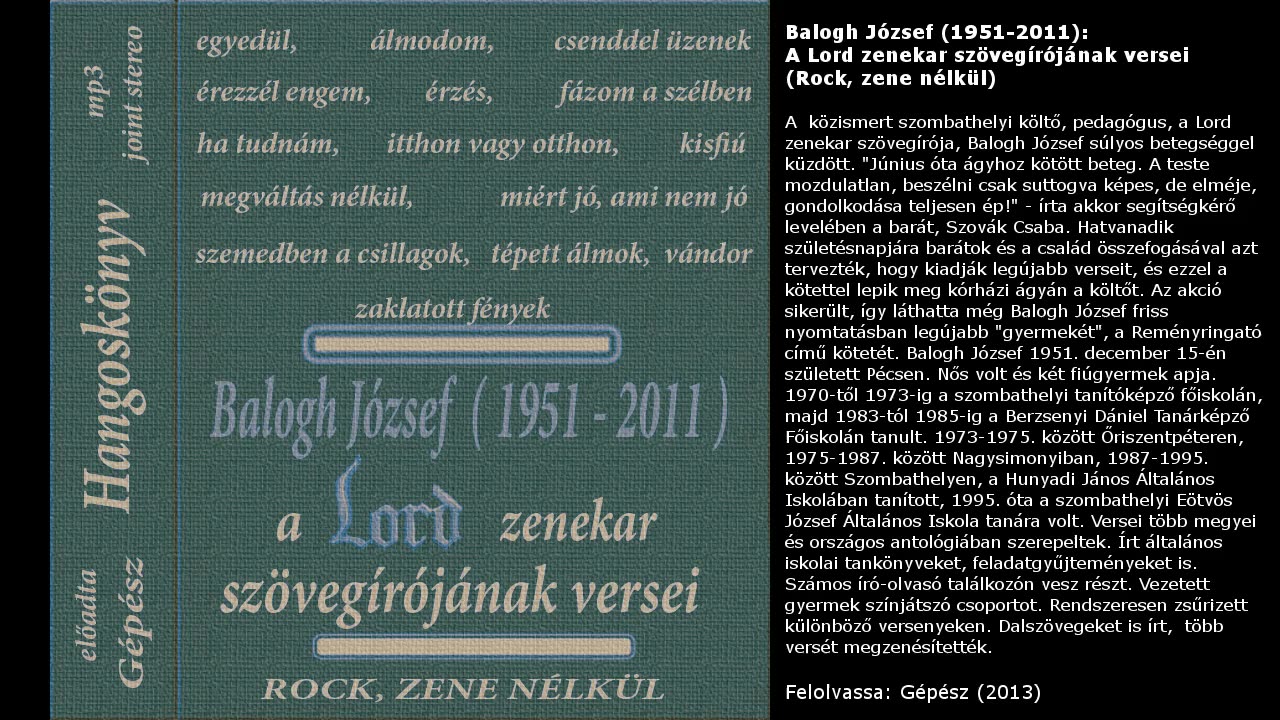 Balogh József (1951-2011): Rock, zene nélkül (A Lord zenekar szövegírójának versei)