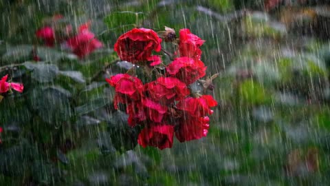 Enhance your relaxation with the soothing ambiance of flowers in the rain.