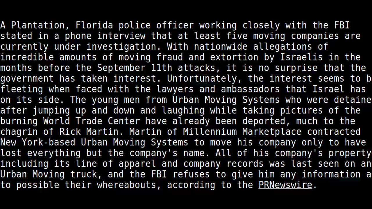 9/11: "FBI Turning Over Stones with Israelis Underneath"
