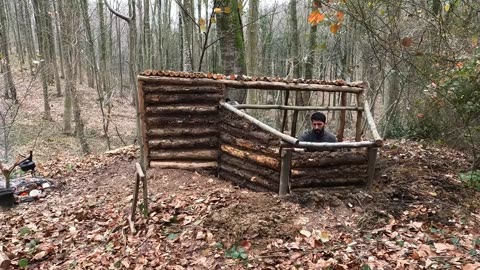 Building a BUSHCRAFT LOG CABIN for 3 Days SURVIVAL in the WILD. Wood Shelter CAMPING. Cooking