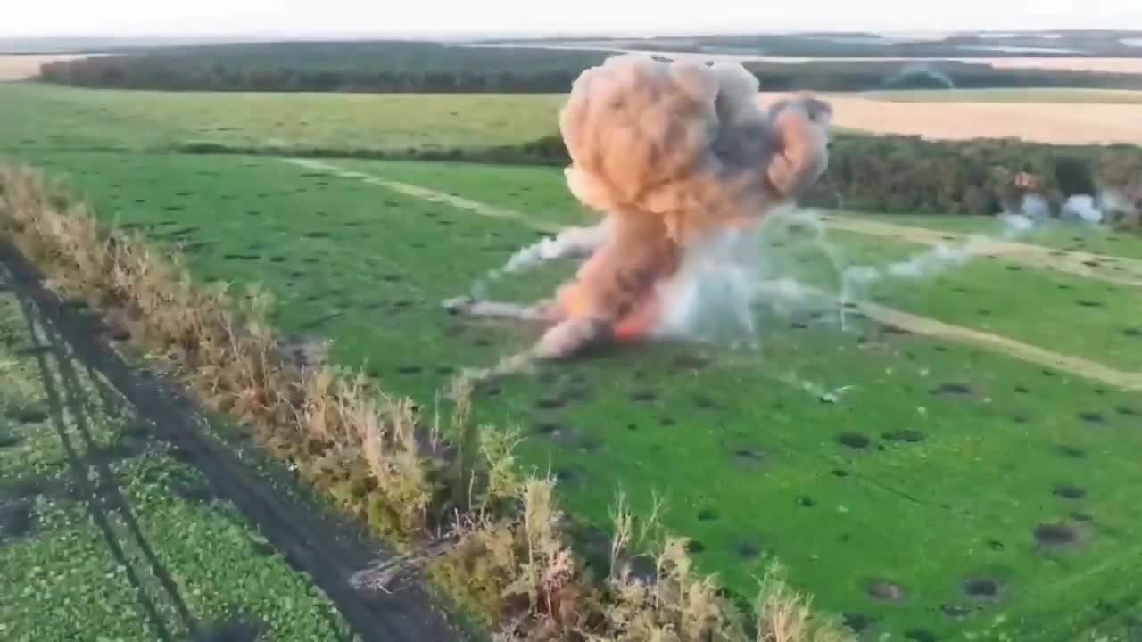 A Russian tank suffering a catastrophic explosion after being hit