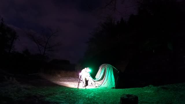 Sorting out the tabs on the tent. Riverside. Nightlapse. 11th Dec 2022