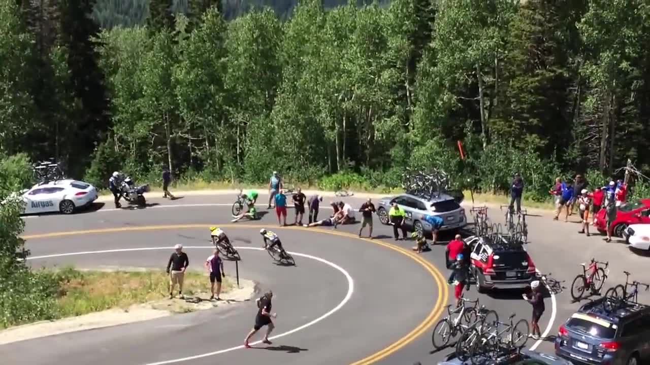 Cyclist Overruns Corner and Crashes Into Car ...and then two more hit motorbike!