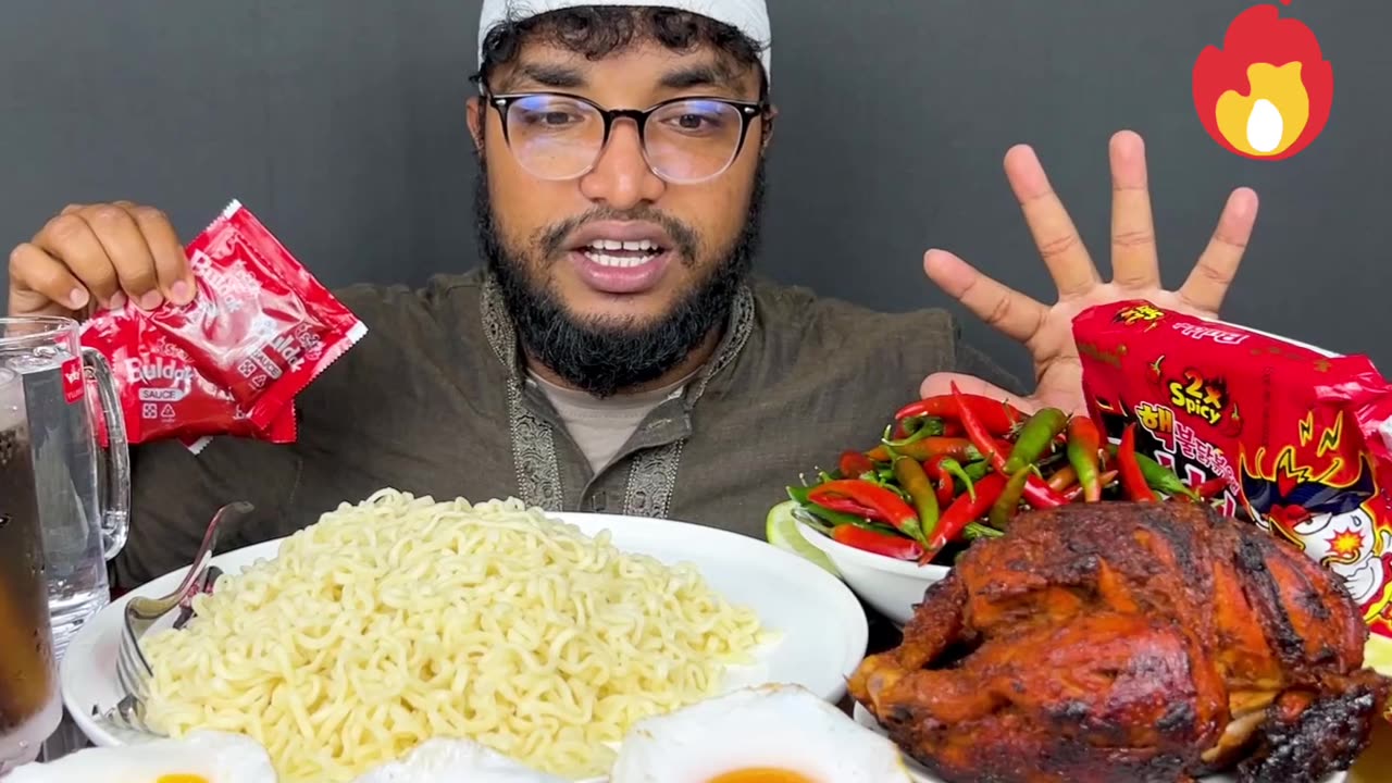 very spicy noodles eating with grilled chicken