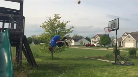 Guy Throws Basketball Into Hoop After Performing a Backflip Off Wall