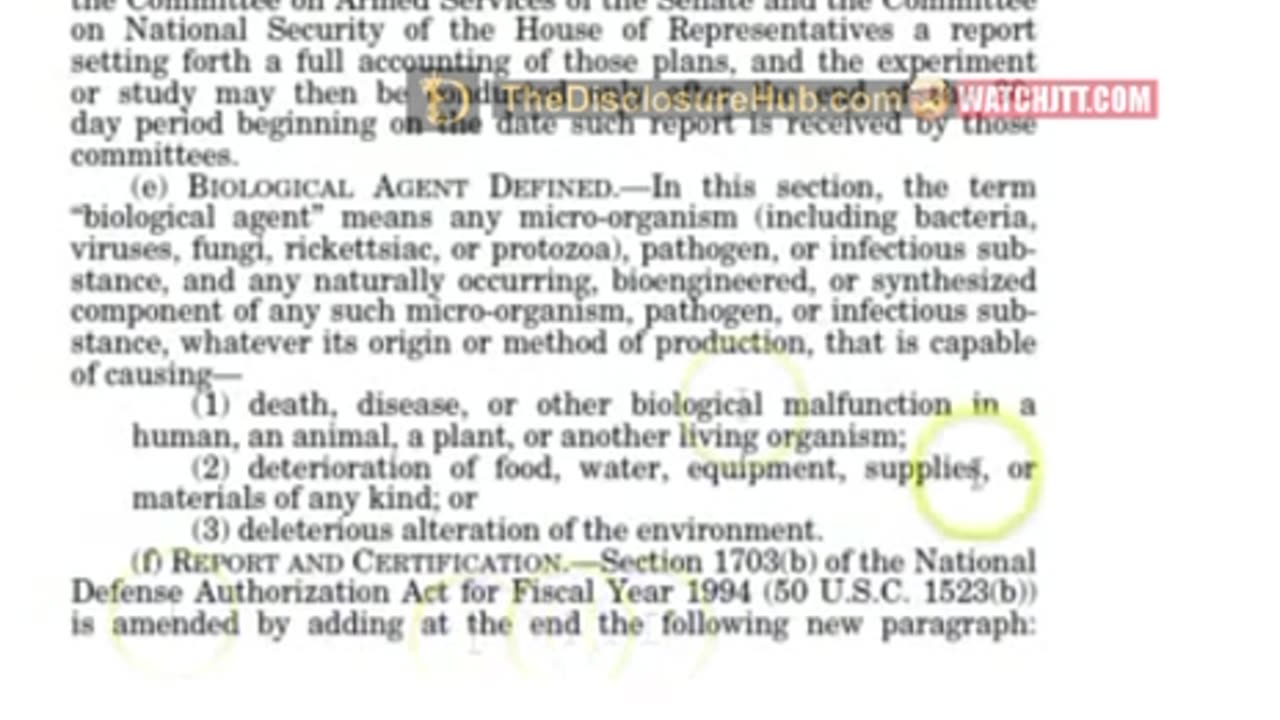 PUBLIC LAW 105 -85 BIO WARFARE ON U.S POPULATION IS LEGAL