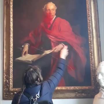 Pro-Palestinian spray paints and slashes a painting of Lord Balfour in Trinity College, University
