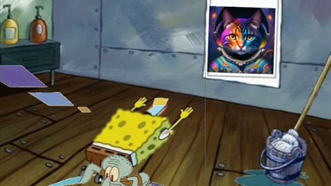Squidward Is Playing With Tiles While SpongeBob Worships A Cat