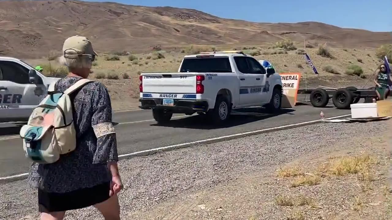 Nevada rangers truck rams through climatards blocking the road to Burning Man