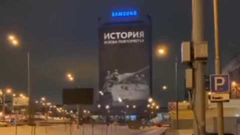 Moscow- a Bllbrd runs an AD wi/ date, 21.02.2023 sayin’ "History always repeats itself…”