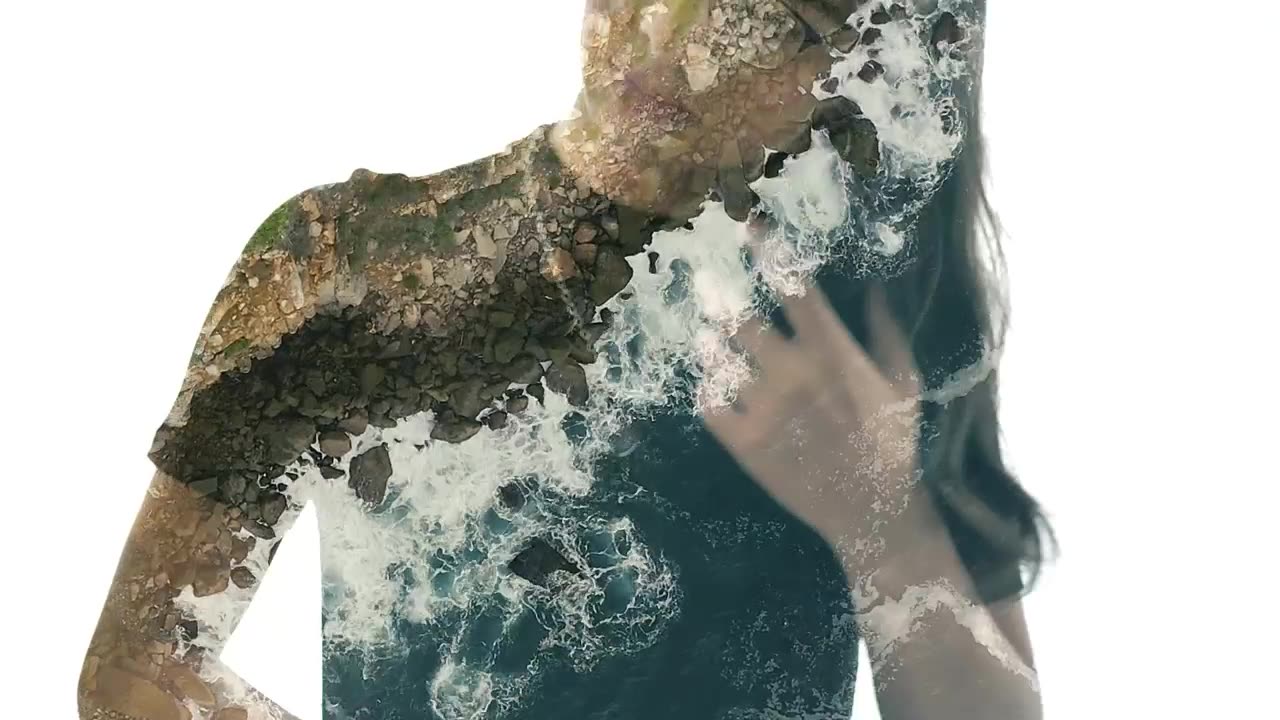 Double exposure video of a woman and a cliff in the sea