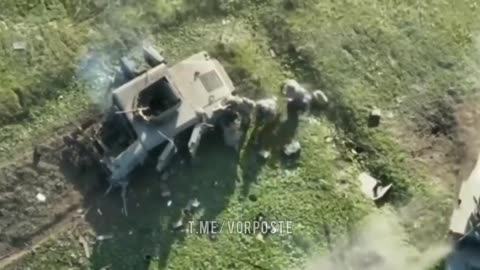 An American Humvee hits a mine, with a Russian drone watching intently from above, correcting fire.