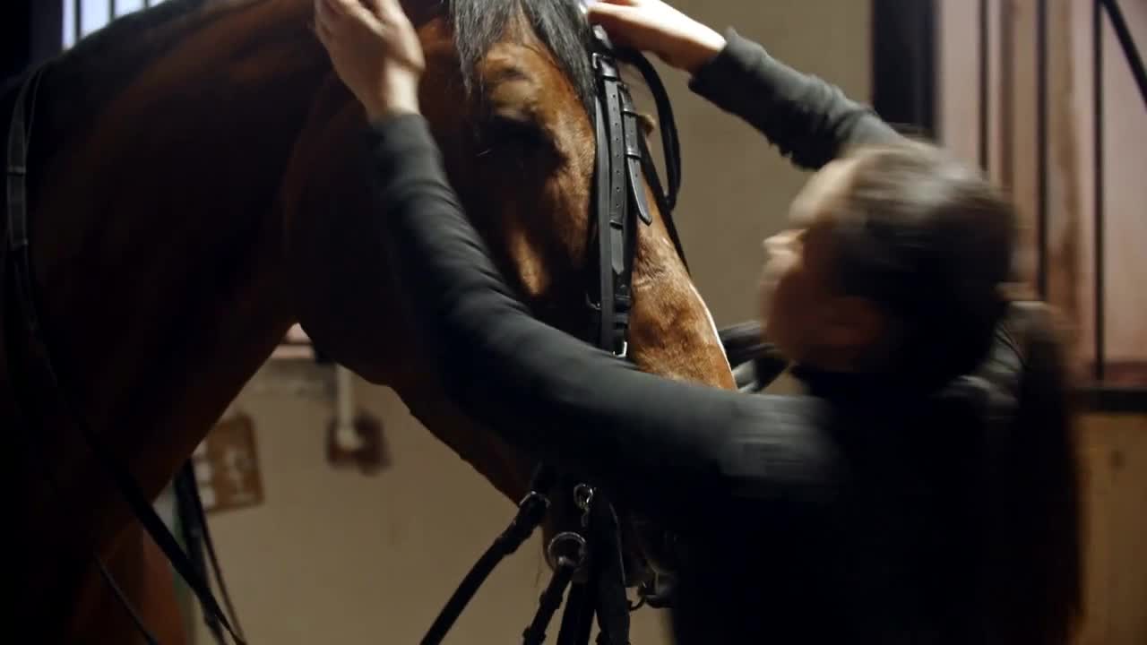 Riding a horse - young woman rider puts reins on her horse