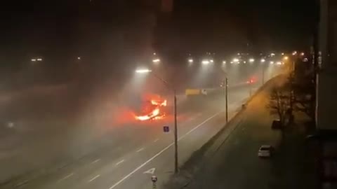 Victory Avenue, Western Areas of Kyiv/Kiev, in fire and smoke