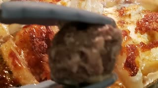 Boil potatoes with ground beef