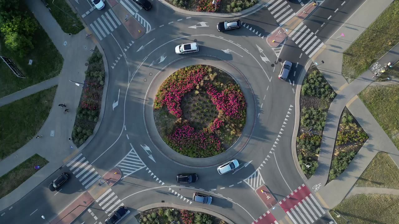 Top-down View of a Rounda bout with flowers in in the centre