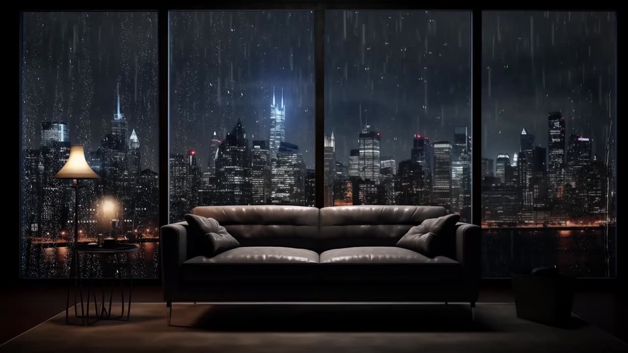 Living Room Luxury in city Rain sounds with Thunder - Fall Asleep with Rainy Sounds