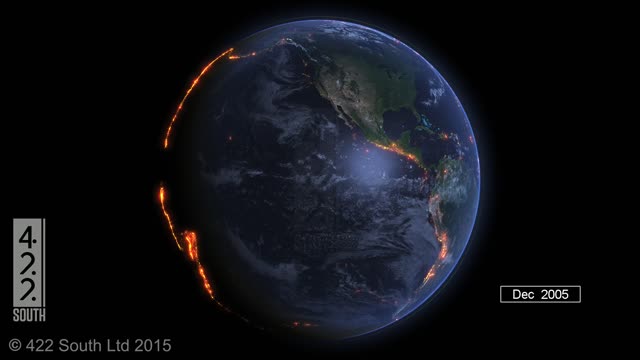 Visualization shows global earthquakes from the year 2000 - 2015