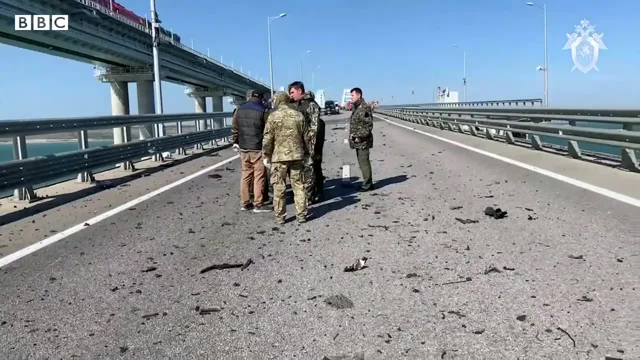 Crimea bridge partly reopens after huge explosion, Russia says - BBC News