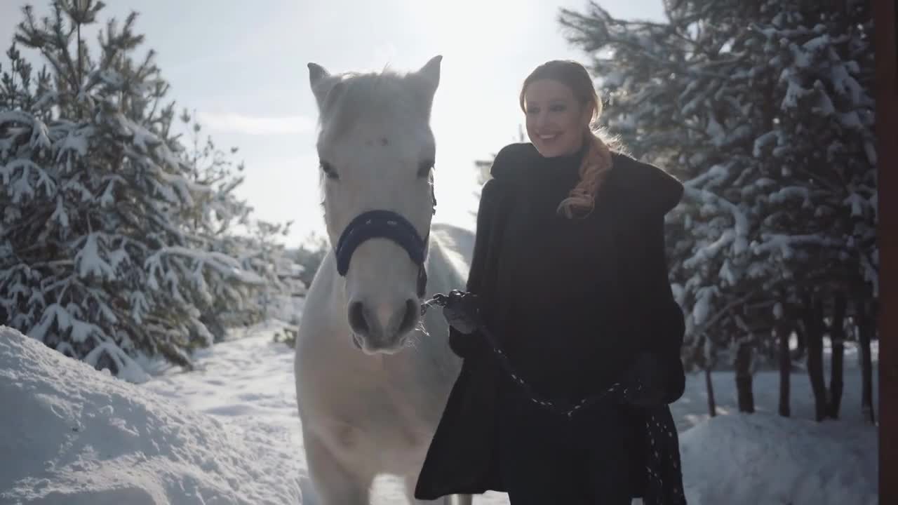 Pretty girl walks with horse in winter path, entering gates