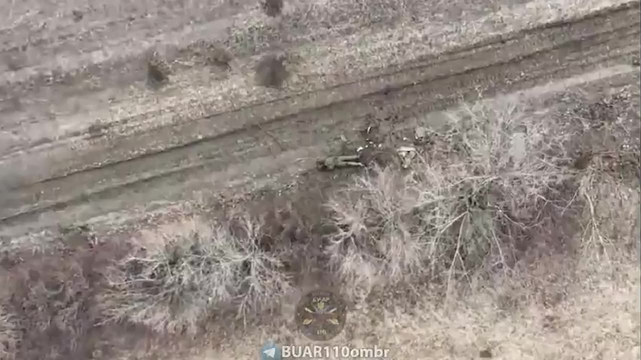 Ukrainian drone drops granades on Russian soldiers. near Avdiivka