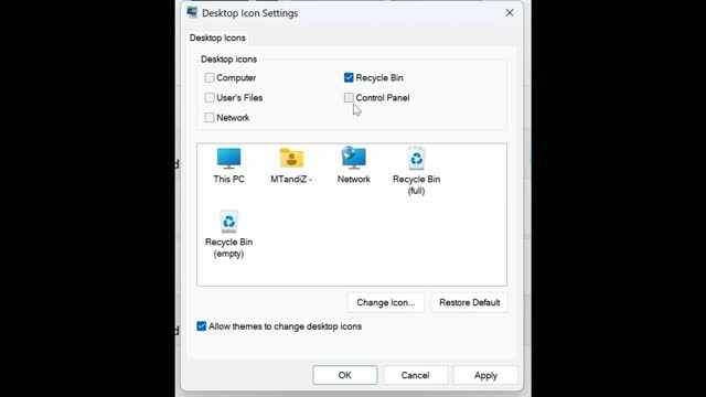 Add or Remove Desktop icons Computer User’s Files Network Recycle Bin Control Panel in Windows 11 10