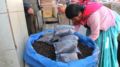 La Paz market bags of beans