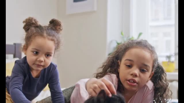 Two Girls playing with cat