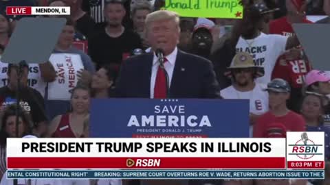 The crowd chants "Thank you Trump" after he talks about the overturning of Roe V Wade