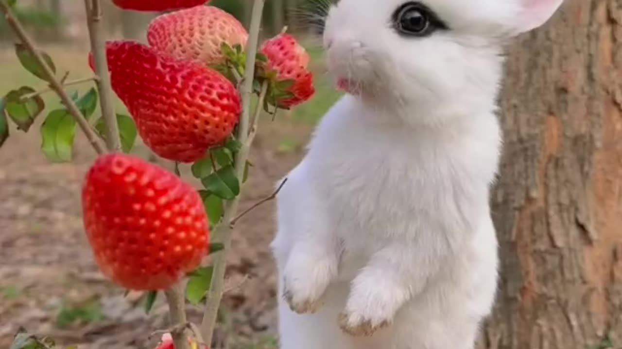 Rabbit eating strawberries