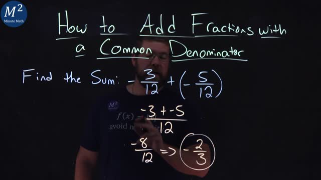 How to Add Fractions with a Common Denominator | -3/12+(-5/12) | Part 5 of 5 | Minute Math