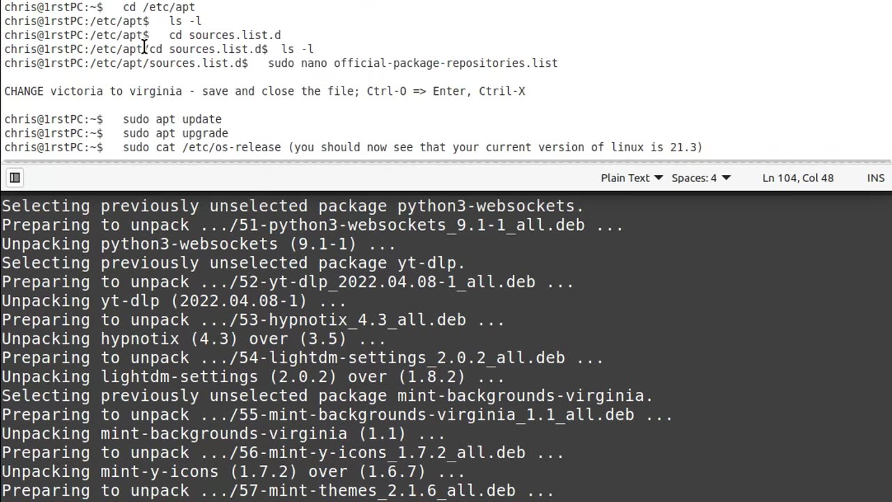 Video 005 - How to upgrade Linux Mint 21.2 to Linux Mint 21.3 using the terminal