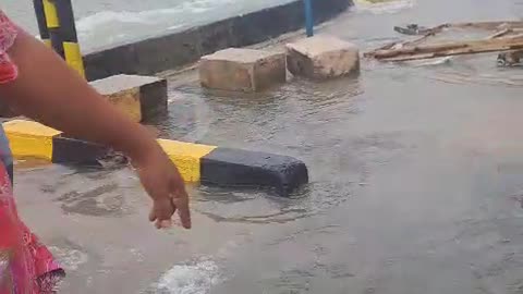 High tidal waves hit the local harbor in Saumlaki, Tanimbar Islands, Maluku province