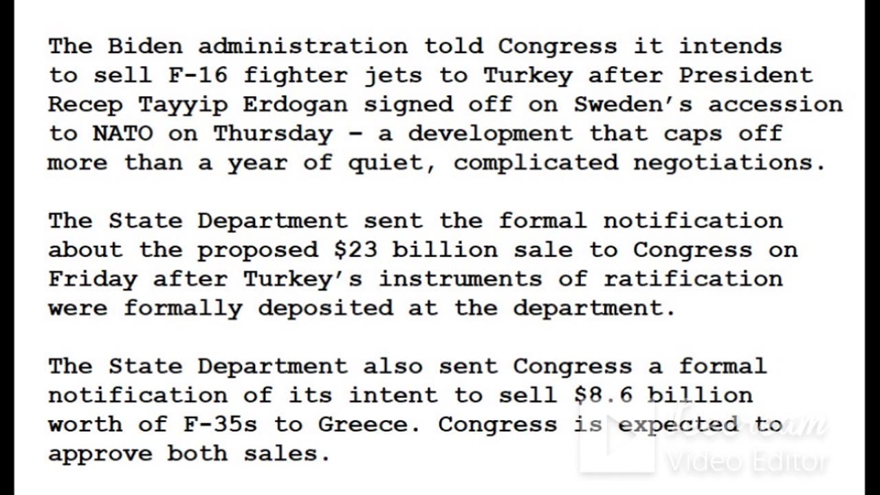 24-0126 - Biden intends to sell Turkey F-16s after Erdogan approved Sweden’s NATO entry