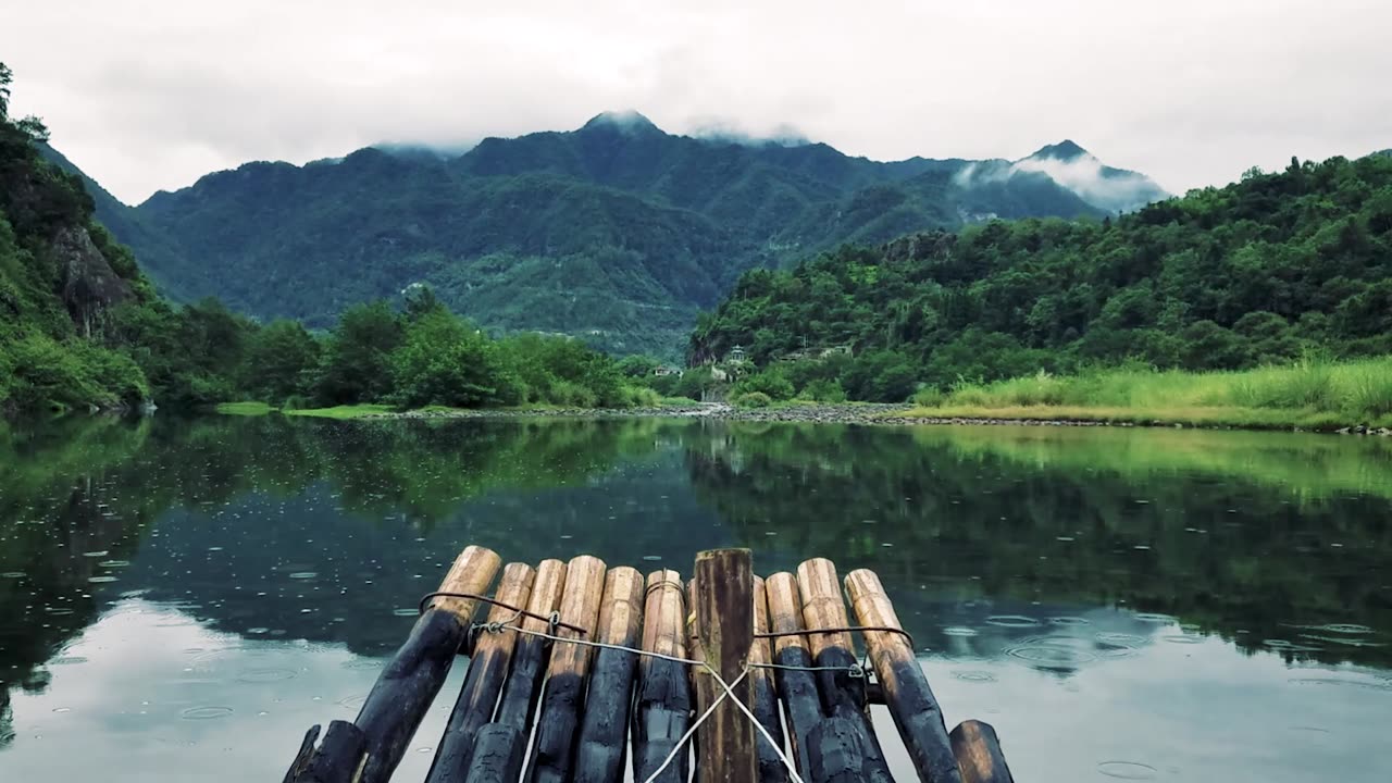 "Nature's Embrace: A Wooden Raft's Slow Descent into the Heart of Verdant Serenity"