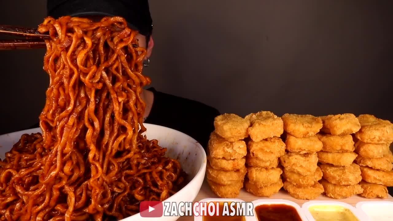 ASMR MUKBANG BLACK BEAN FIRE NOODLES & CHICKEN NUGGETS (No Talking) EATING SOUNDS