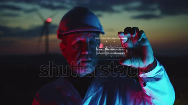 Engineer holding futuristic gadget checking efficiency data of wind turbines on background.