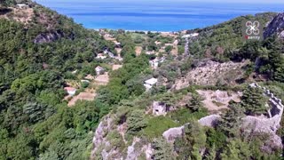 Drone view of a unique beach in the remote Greek island of Samos